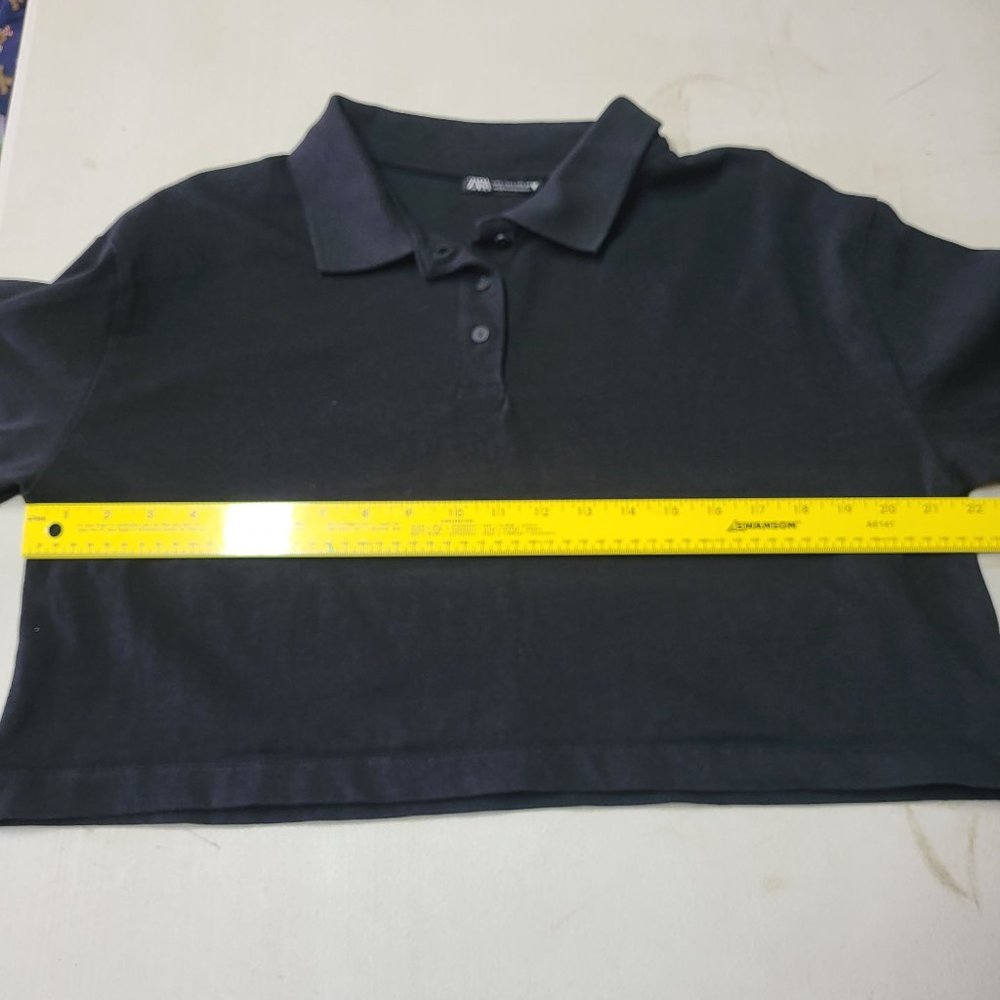 Zara Cropped Polo Women's Size Large Shirt Black Collared Blouse Long Sleeve Top - Picture 11 of 14